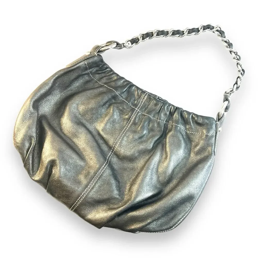 TALBOTS Metallic Gray Leather Hobo Shoulder Bag with Silver Tone Hardware